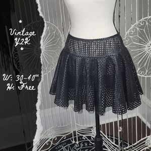 Vintage Hole Punched PVC Layered Mesh Y2K Mini Skirt Black Faux Leather Goth